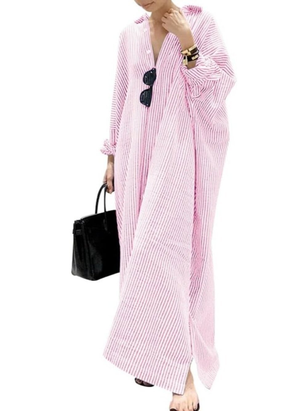 Women's Pink Long Sleeve Button Down Loose Striped Cotton Maxi Shirt Dress - Picture 1 of 5